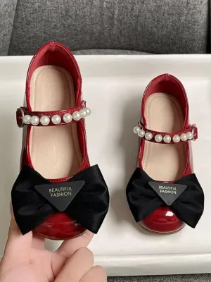 Girls Elegant Bow & Pearl Mary Jane Flats By Liv and Mia