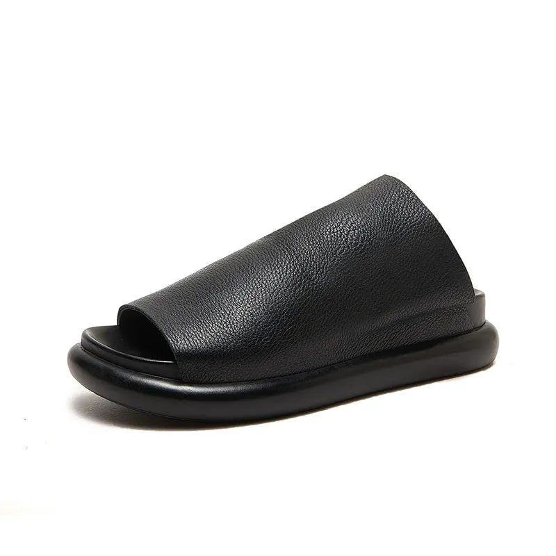 Handmade Cowhide Platform Slippers Open Toe in Black/Coffee