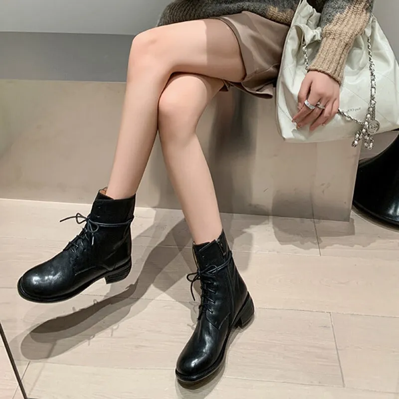 Handmade Fashion Martin Boots Women Genuine Leather Lace-Up Oxfords Round Toe Chunky Ankle Booties Back Zipper Black/Brown