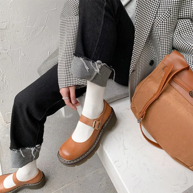 Handmade Leather Platform Mary Jane Shoes Round Toe in Brown/Black