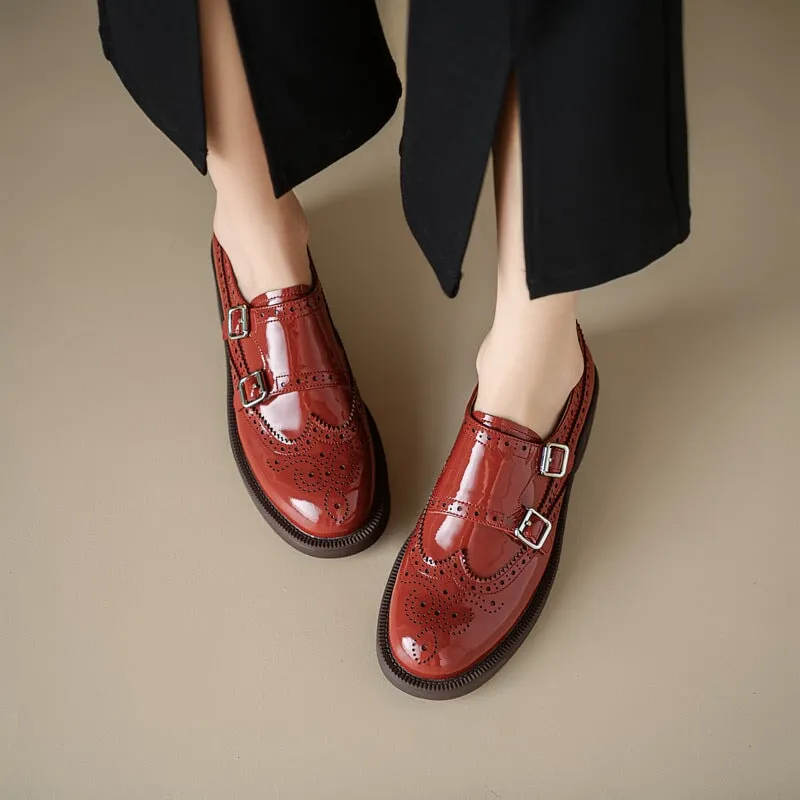 Handmade Patent Leather Double Monk Strap Shoes For Women in Red/Brown/Black