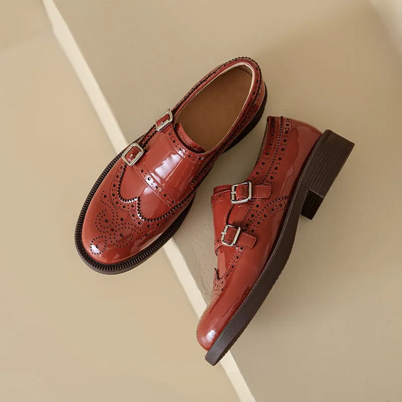 Handmade Patent Leather Double Monk Strap Shoes For Women in Red/Brown/Black