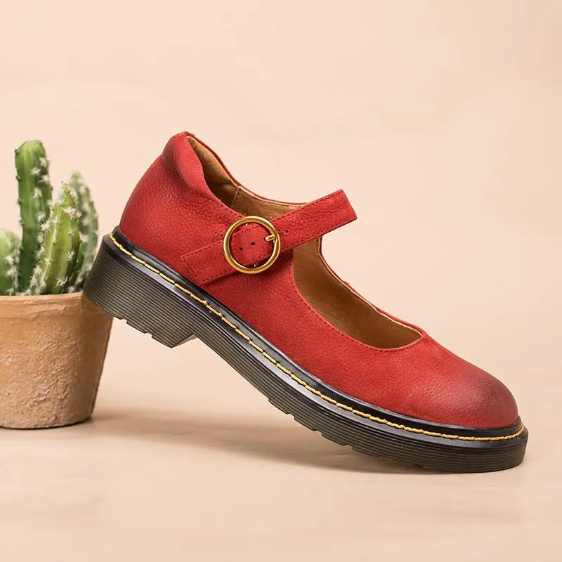 Handmade Retro Matte Leather Flat Mary Jane Shoes For Womens Round Toe Red/Brown/Coffee