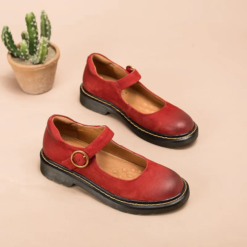 Handmade Retro Matte Leather Flat Mary Jane Shoes For Womens Round Toe Red/Brown/Coffee