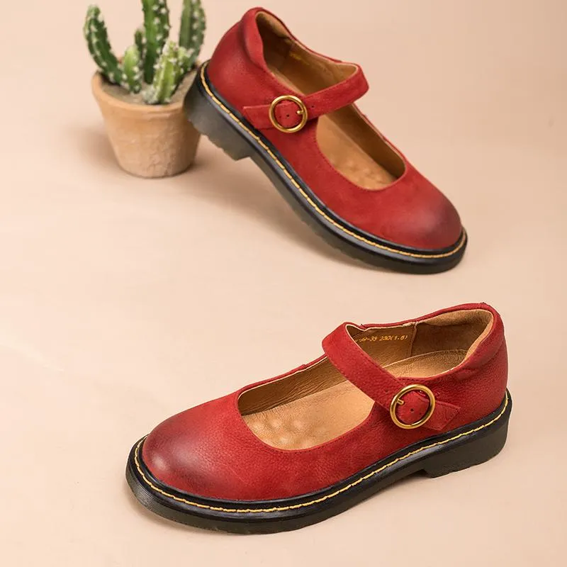 Handmade Retro Matte Leather Flat Mary Jane Shoes For Womens Round Toe Red/Brown/Coffee