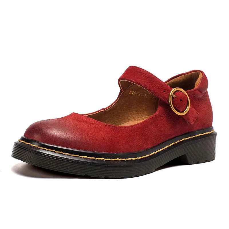 Handmade Retro Matte Leather Flat Mary Jane Shoes For Womens Round Toe Red/Brown/Coffee