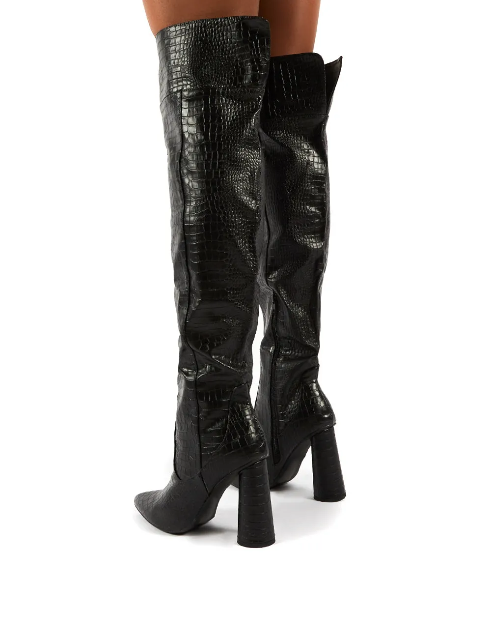 Hometown Black Croc Over The Knee Heeled Boots