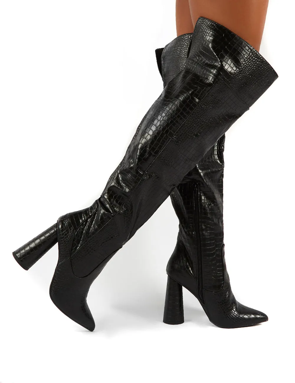 Hometown Black Croc Over The Knee Heeled Boots