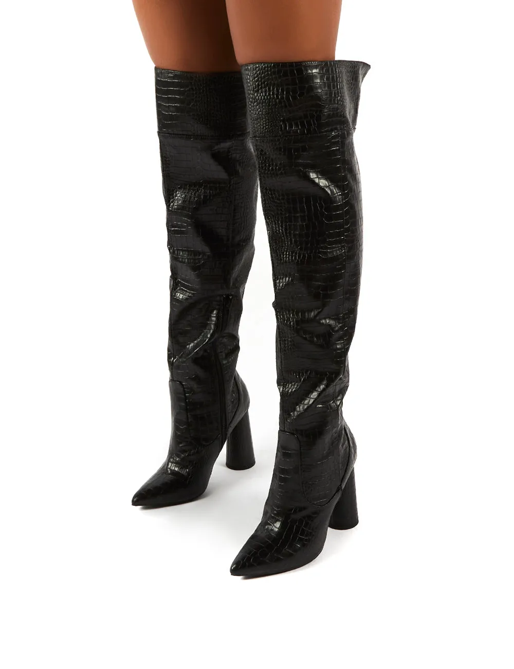 Hometown Black Croc Over The Knee Heeled Boots