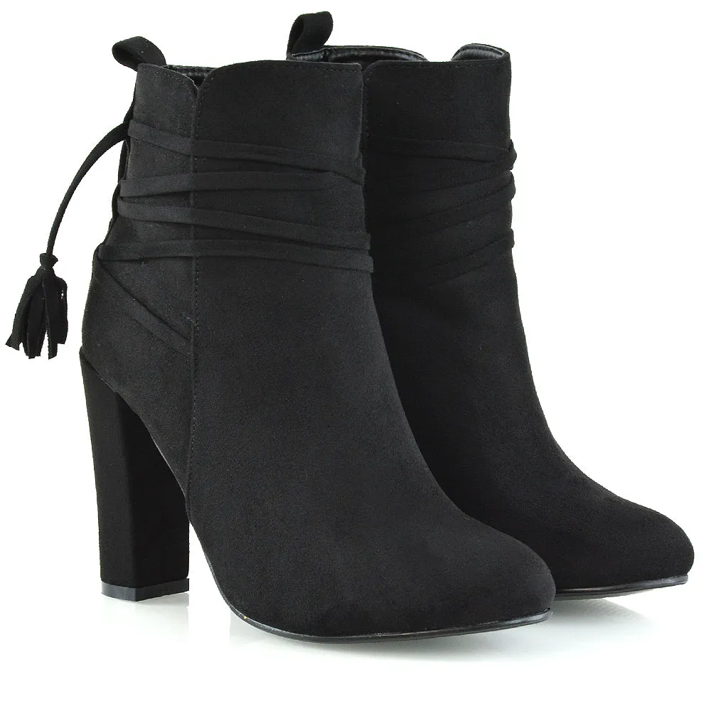 Jamie Tie up Tassel Detail Block High Heel Boots in Black Faux Suede