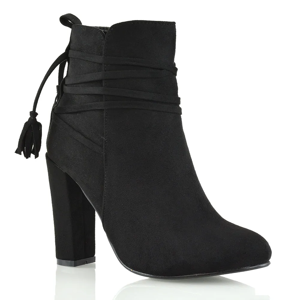 Jamie Tie up Tassel Detail Block High Heel Boots in Black Faux Suede