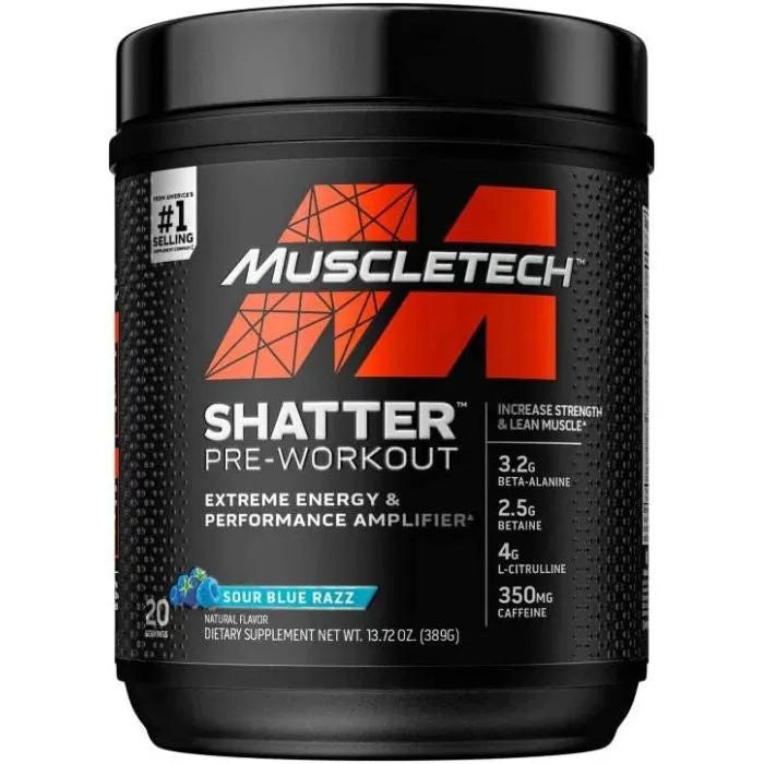 MuscleTech Shatter Pre Workout Sour Blue Razz 20 Servings