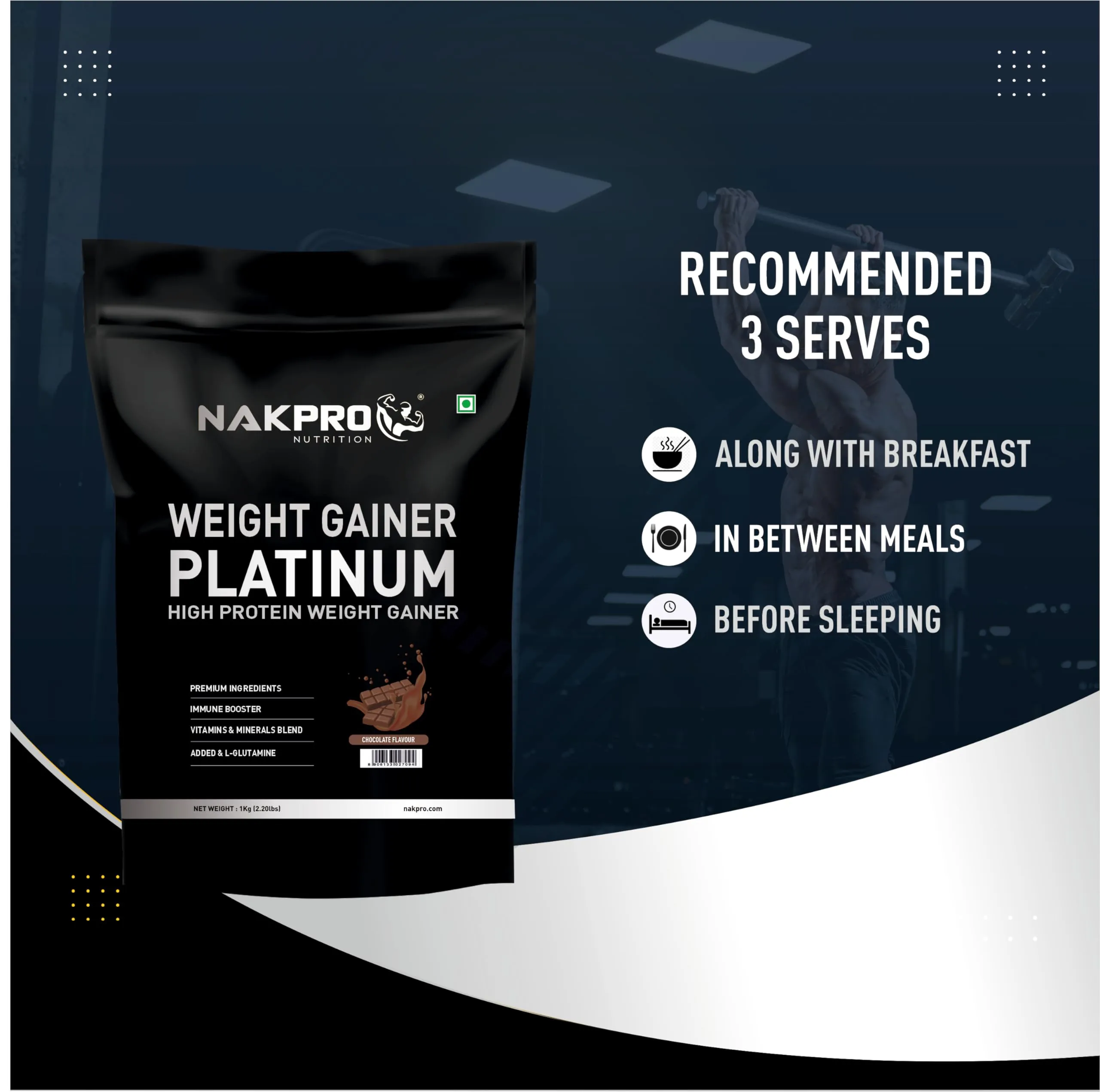 NAKPRO Platinum Weight Gainer | 20g Protein, 66.45g Carb, 3.52g Fat per serve | Added Vitamins & Minerals (Chocolate, 1 Kg)