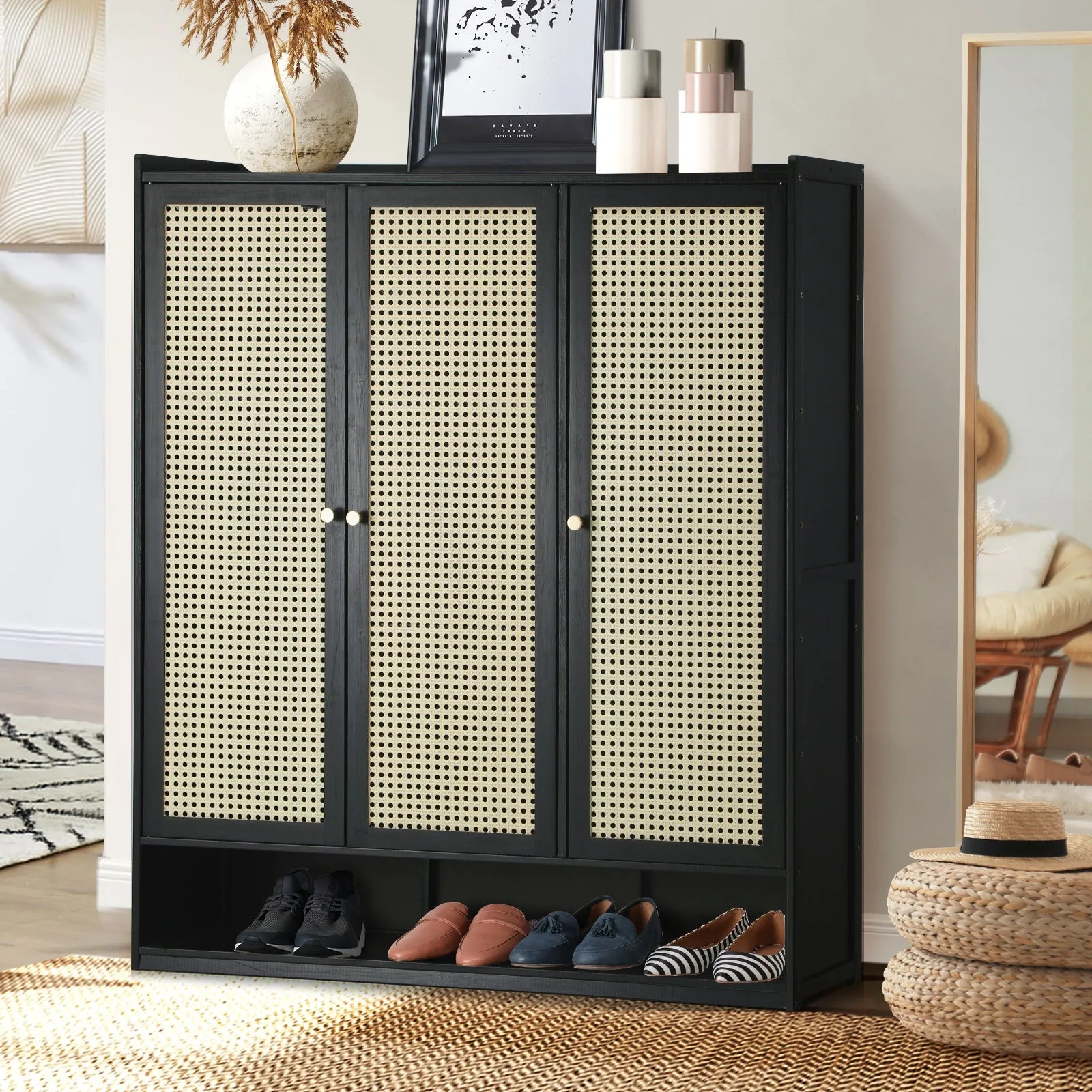 Oikiture Shoe Storage Cabinet Shoes Rack Organiser Shelf 3 Doors Rattan Style