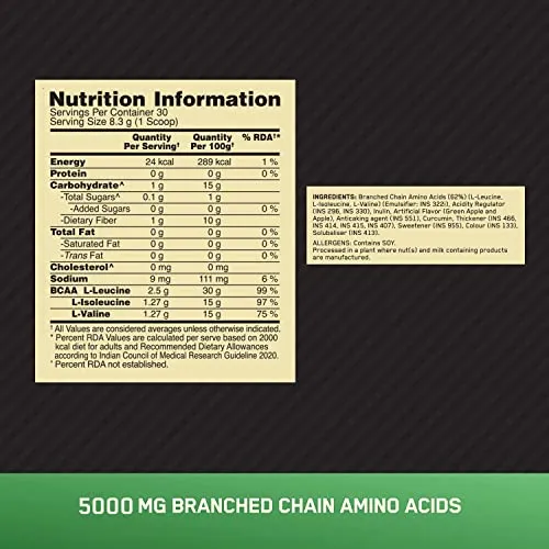 Optimum Nutrition BCAA, 5g BCAAs in 2:1:1 Ratio, 30 servings, For Muscle Recovery & Endurance, Intra workout, Informed Choice certified (250gm, Green Apple)