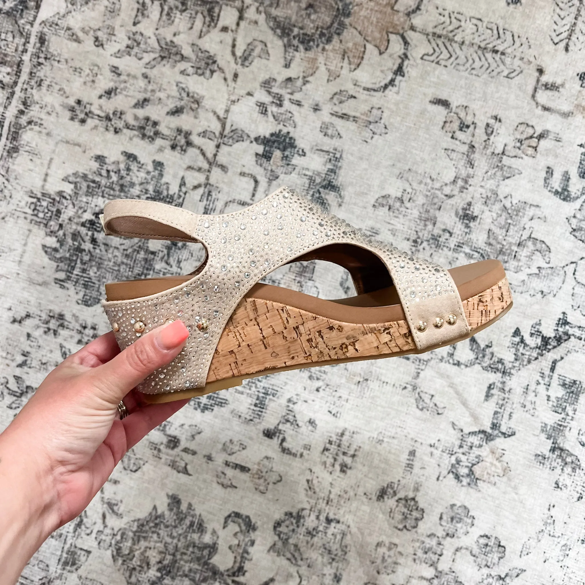 "Barbara" Crystal Embellished Wedge Sandal (Taupe)