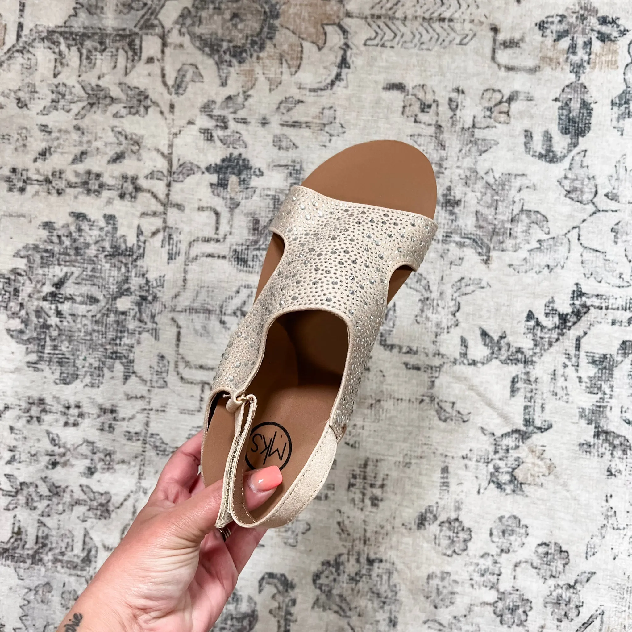 "Barbara" Crystal Embellished Wedge Sandal (Taupe)