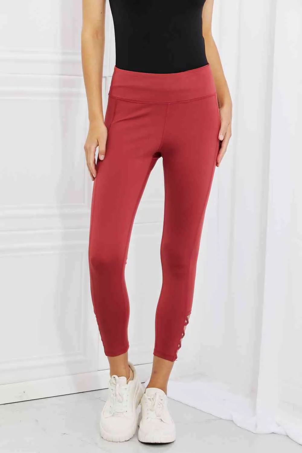 Ready For Action Full Size Ankle Cutout Active Leggings in Brick Red