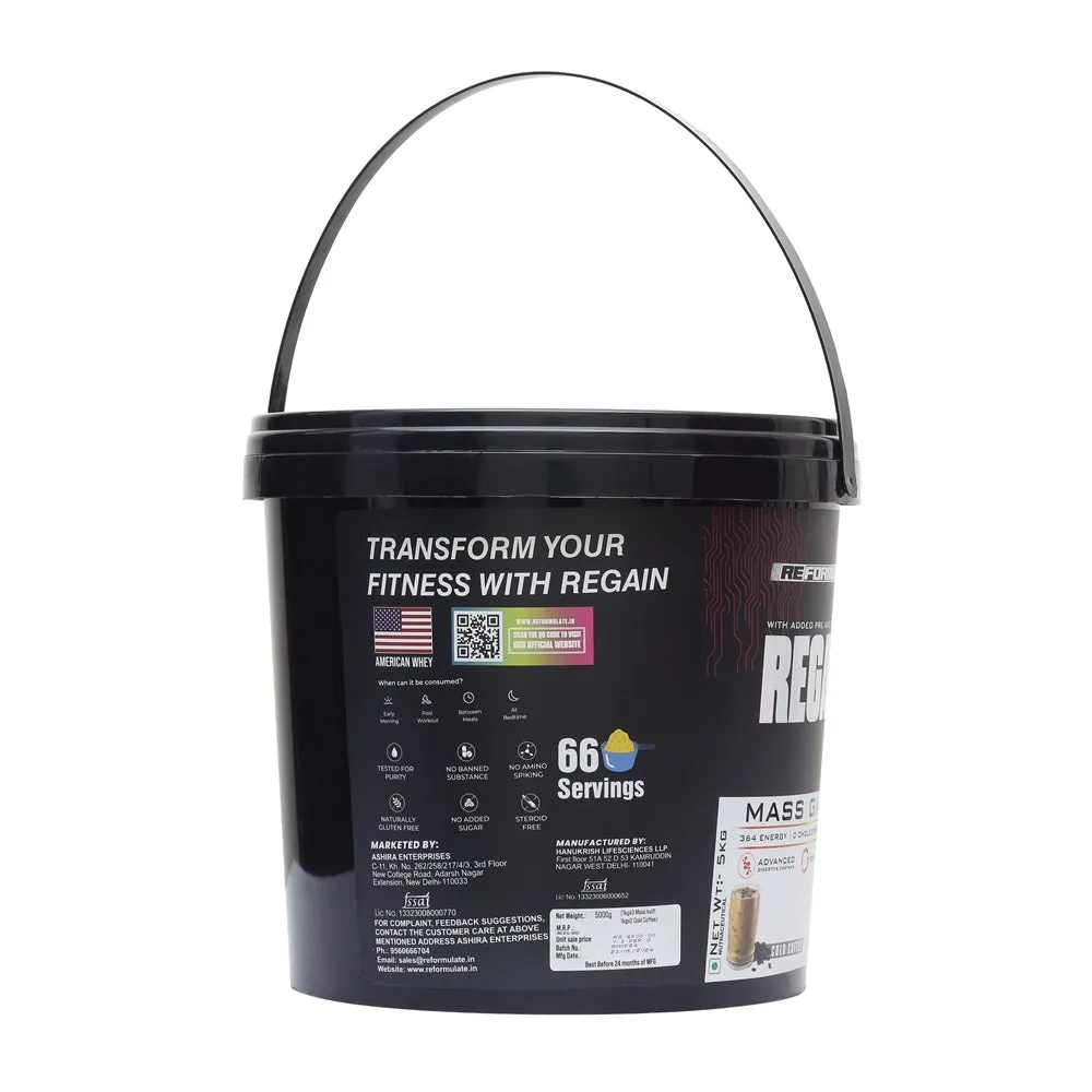 Reformulate I Regain I Mass Gainer with Added Pre and Pro Biotics I 364 Energy | O Cholesterol 1.5 Creatine I Advanced Digestive Enzymes I Dope Free I Advances CPF Formula I Nutraceutical I Cold Coffee & Malai Kulfi I 5 KG