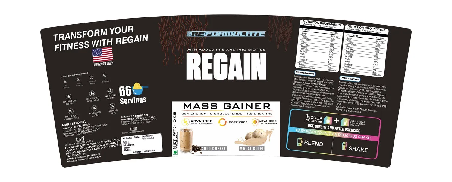 Reformulate I Regain I Mass Gainer with Added Pre and Pro Biotics I 364 Energy | O Cholesterol 1.5 Creatine I Advanced Digestive Enzymes I Dope Free I Advances CPF Formula I Nutraceutical I Cold Coffee & Malai Kulfi I 5 KG