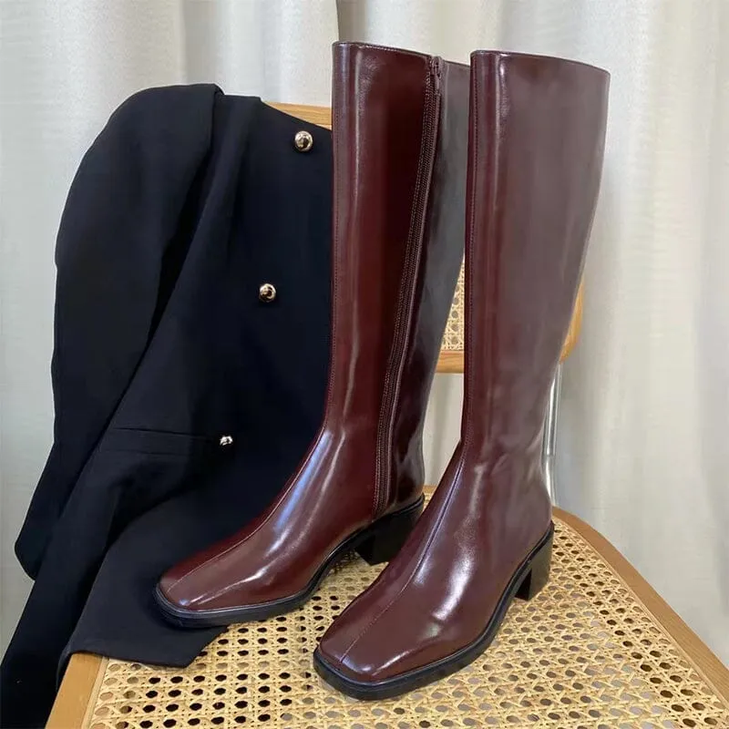 Riding Boots for Women in Black/Red Leather - Chunky Sole Tall Boots Slimming Boots