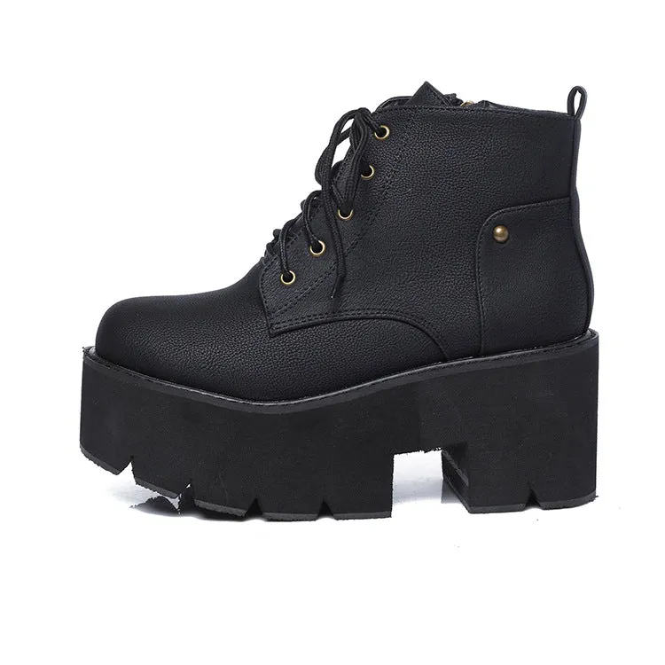 Round Toe Lace Up Platform Motorcycle Boots 3777