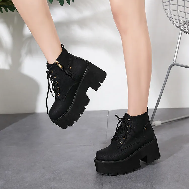 Round Toe Lace Up Platform Motorcycle Boots 3777