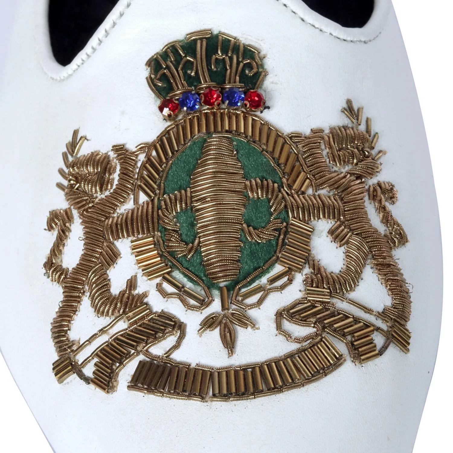 Royal Crown Lion Crest Green Accent Golden Zardosi White Leather Jalsa by Brune & Bareskin