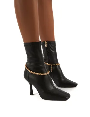 Sacci Black Chain Detail Square Toe Stiletto Heel Ankle Boots