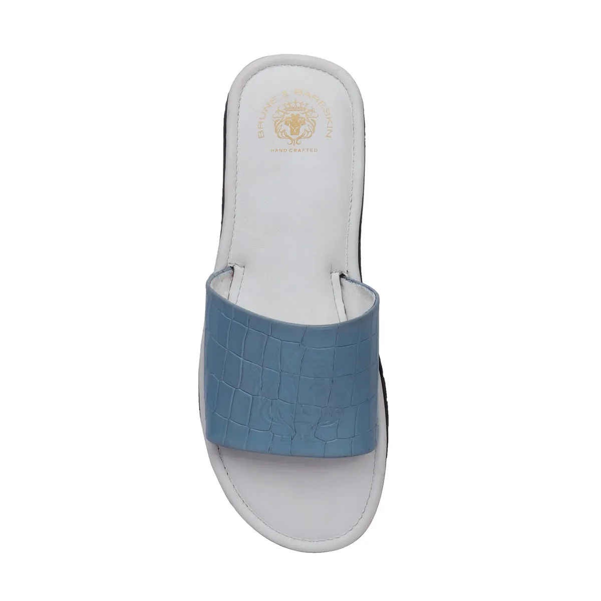 Sky Blue Embossed Lion Deep Cut Croco Strap White Leather Slide-In-Slippers by Brune & Bareskin