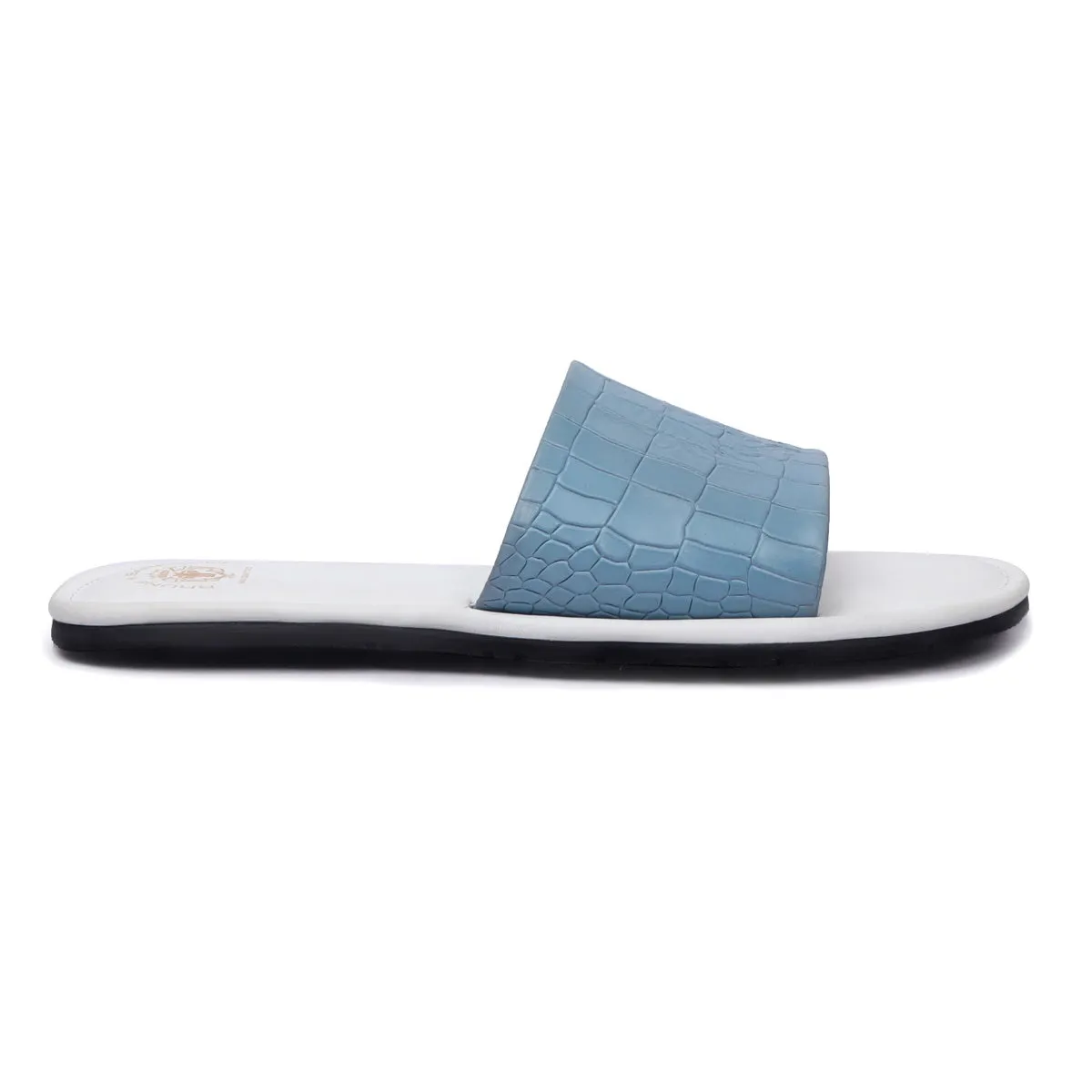 Sky Blue Embossed Lion Deep Cut Croco Strap White Leather Slide-In-Slippers by Brune & Bareskin