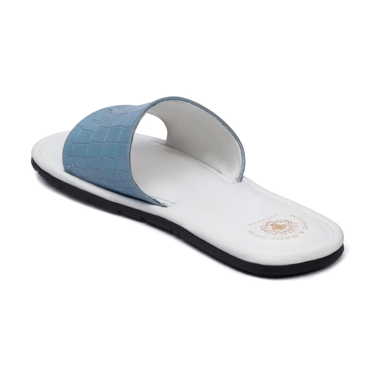 Sky Blue Embossed Lion Deep Cut Croco Strap White Leather Slide-In-Slippers by Brune & Bareskin