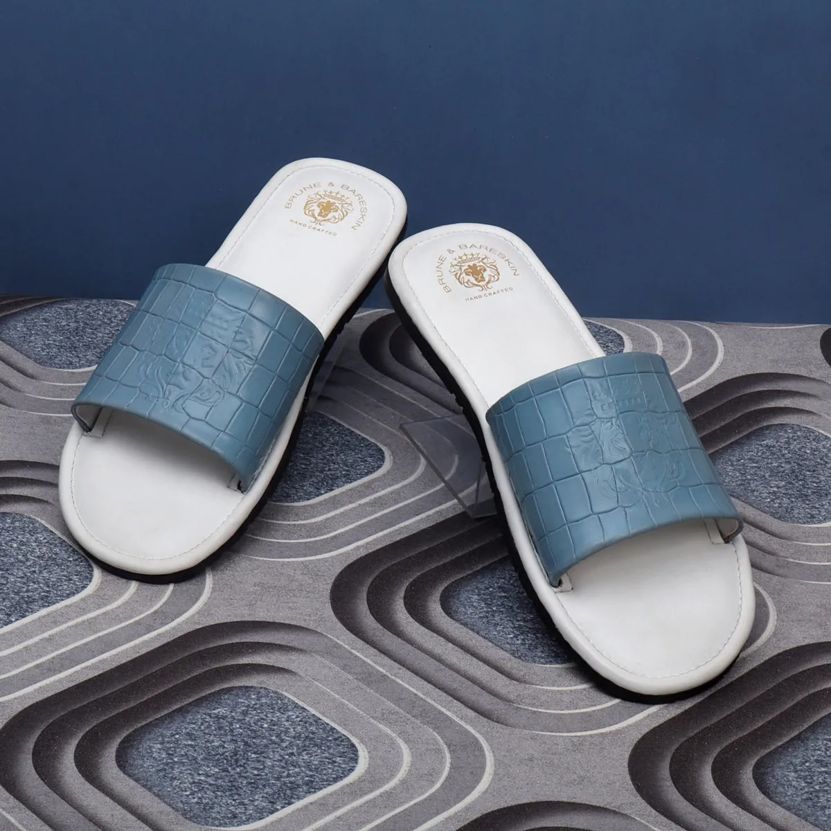 Sky Blue Embossed Lion Deep Cut Croco Strap White Leather Slide-In-Slippers by Brune & Bareskin