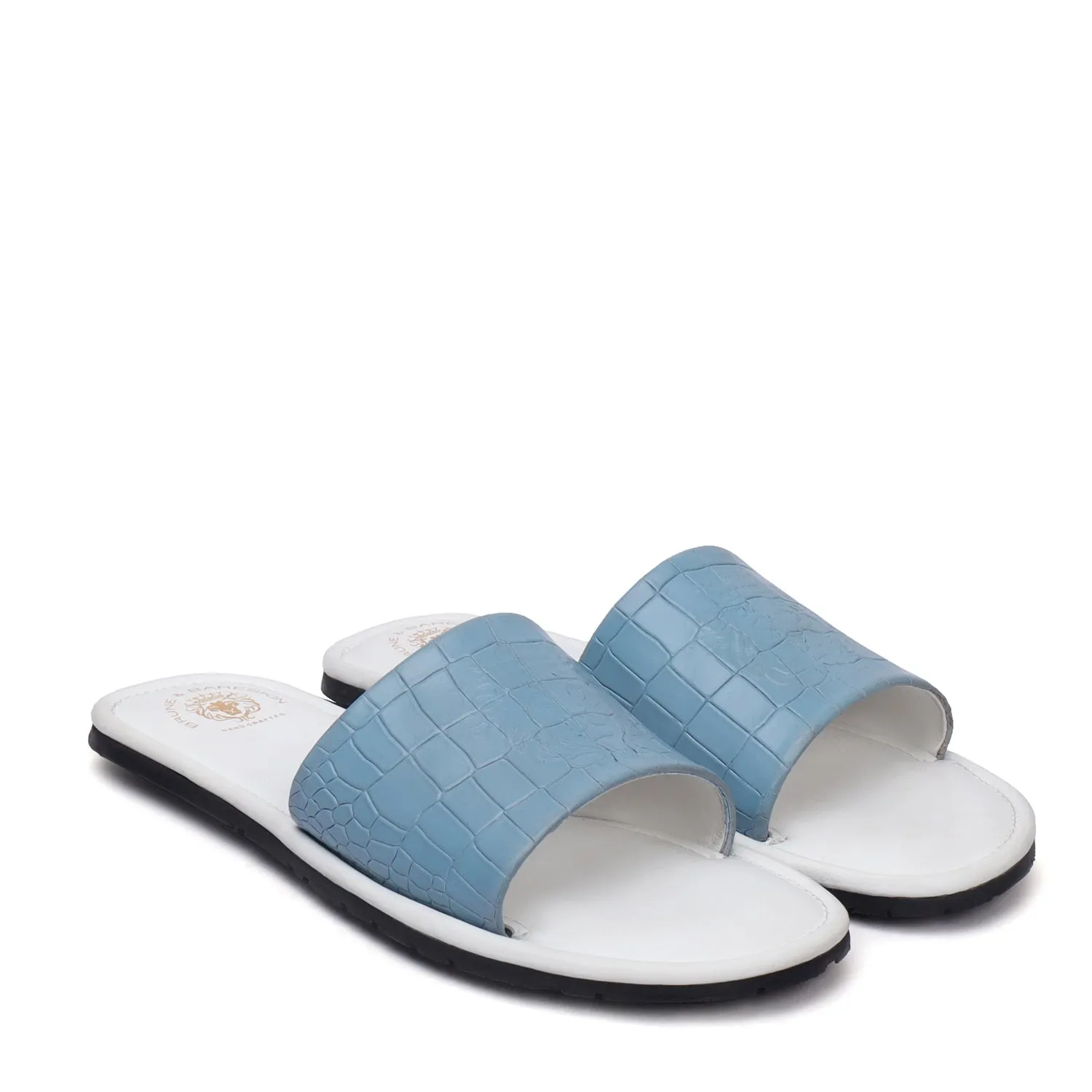 Sky Blue Embossed Lion Deep Cut Croco Strap White Leather Slide-In-Slippers by Brune & Bareskin