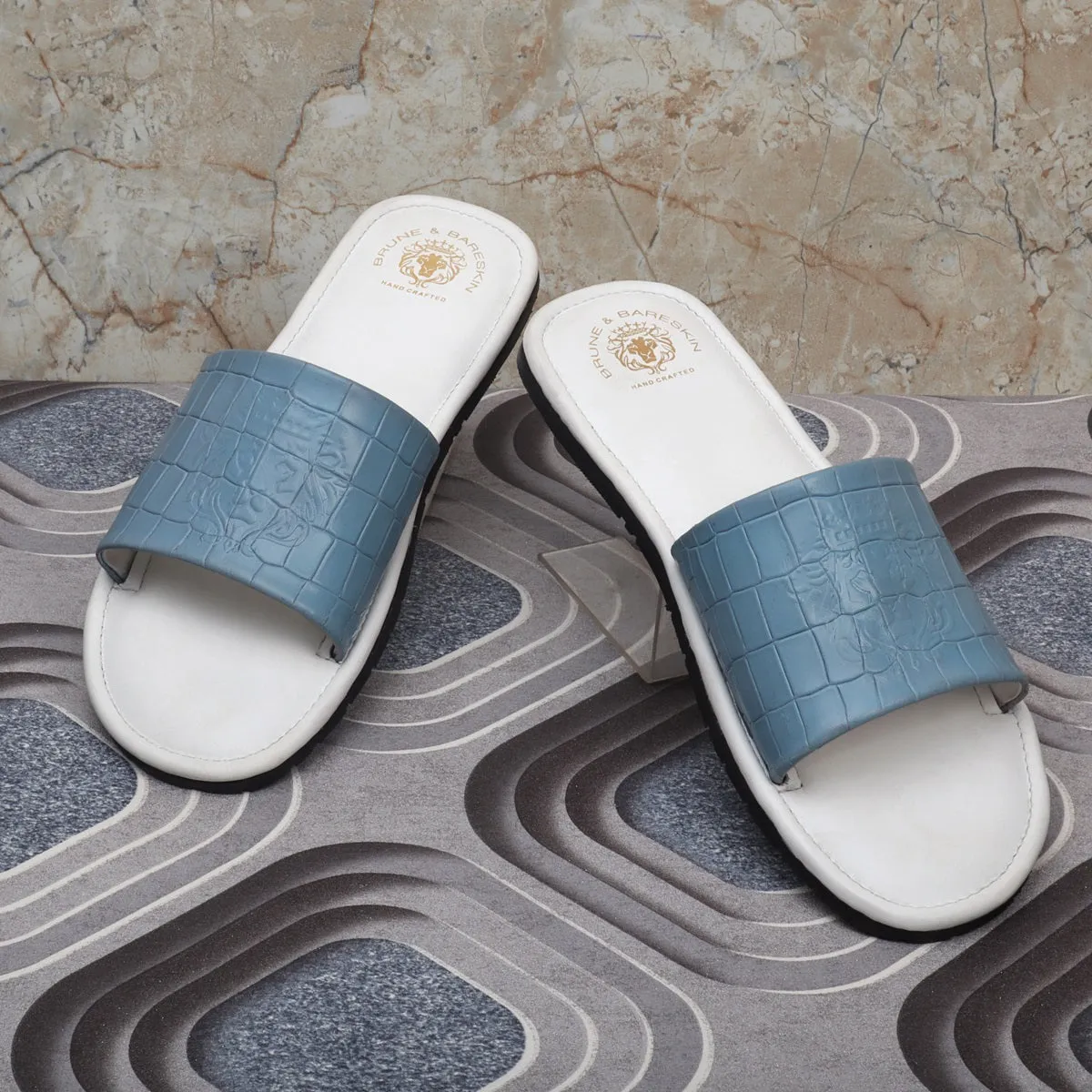 Sky Blue Embossed Lion Deep Cut Croco Strap White Leather Slide-In-Slippers by Brune & Bareskin