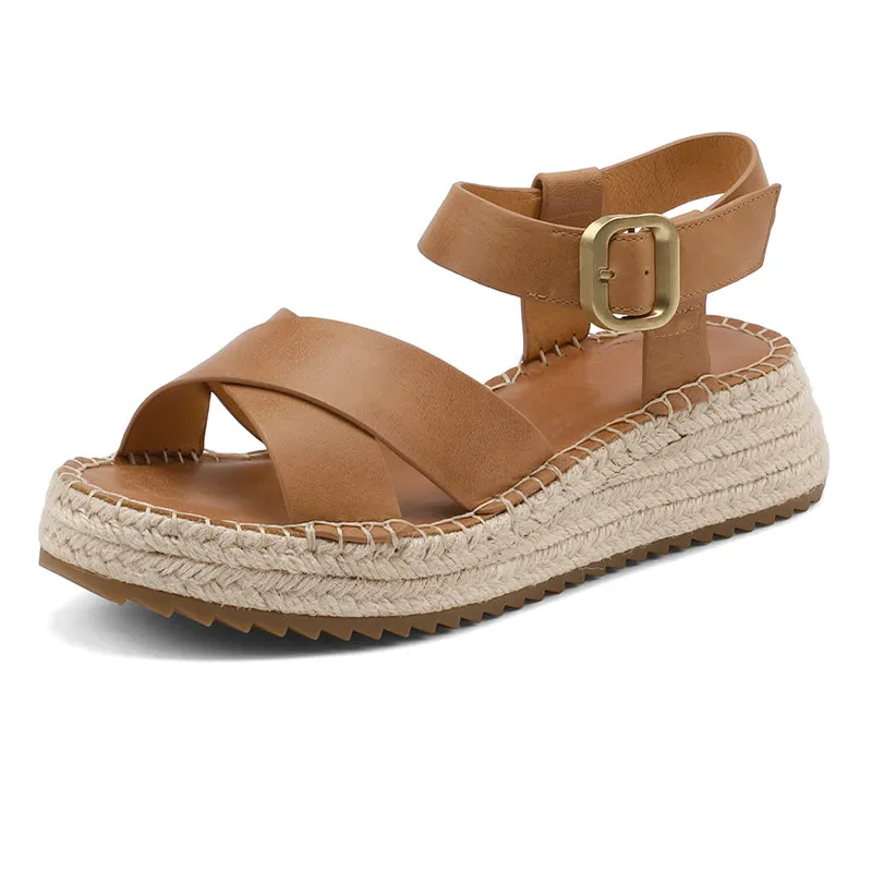 Slingback Espadrille-Wedge Leather Sandals in Beige/Brown/Pink