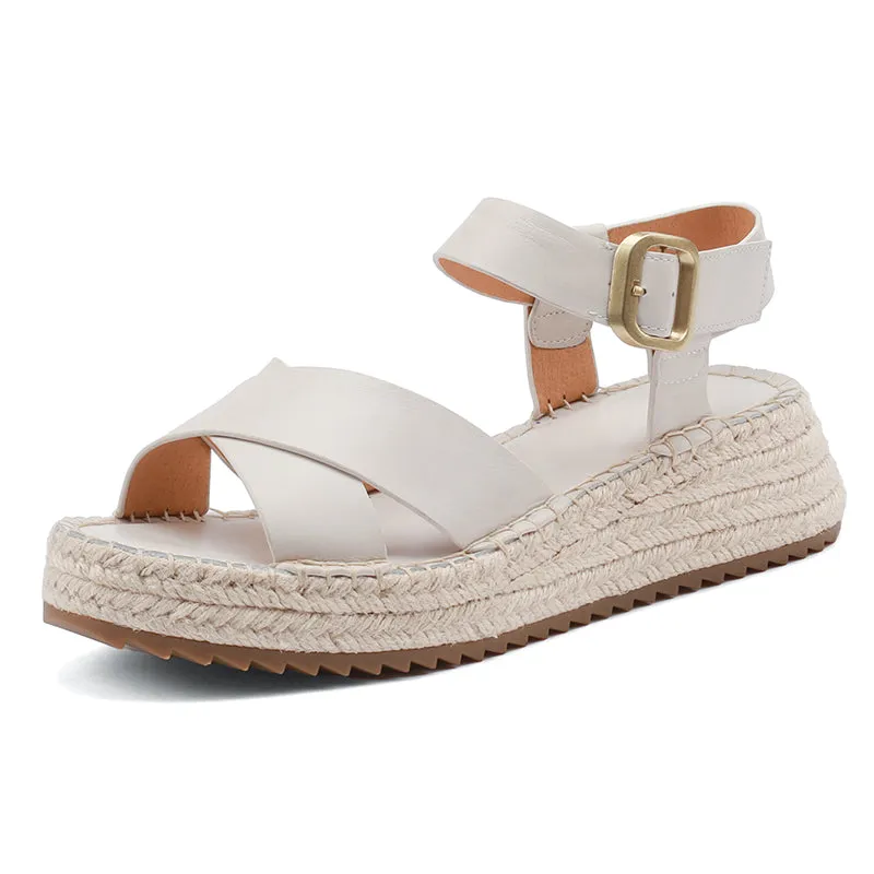 Slingback Espadrille-Wedge Leather Sandals in Beige/Brown/Pink