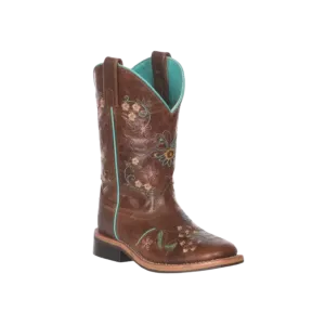 Smoky Mountain Kids Antique Tan with Floral Embroidery Leather Square Toe Boots