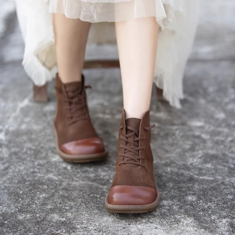 Soft Leather Ankle Booties Handmade Flat Barefoot Shoes Color Blocking in Coffee/Khaki