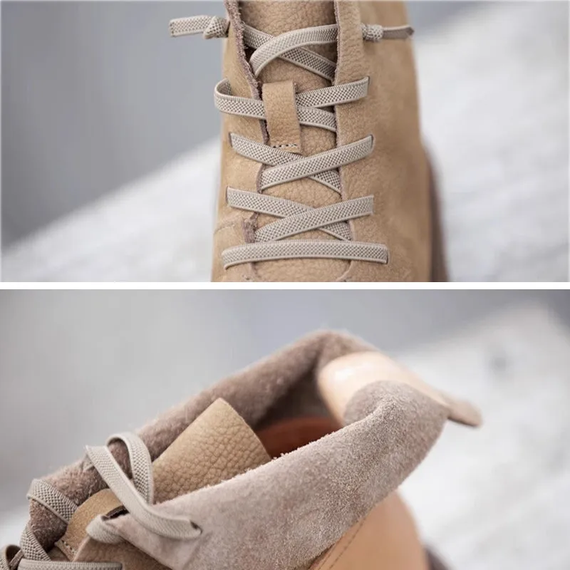 Soft Leather Ankle Booties Handmade Flat Barefoot Shoes Color Blocking in Coffee/Khaki