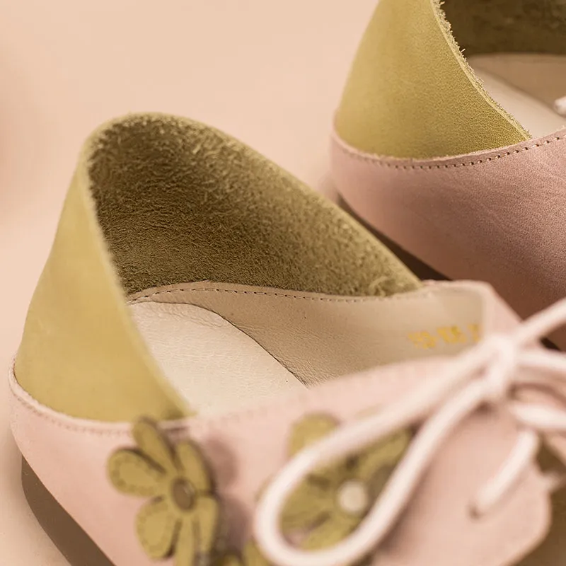 Soft Leather Mary Jane Flats Handmade Flowers Details Pink/Apricot