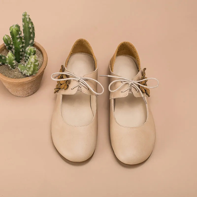 Soft Leather Mary Jane Flats Handmade Flowers Details Pink/Apricot