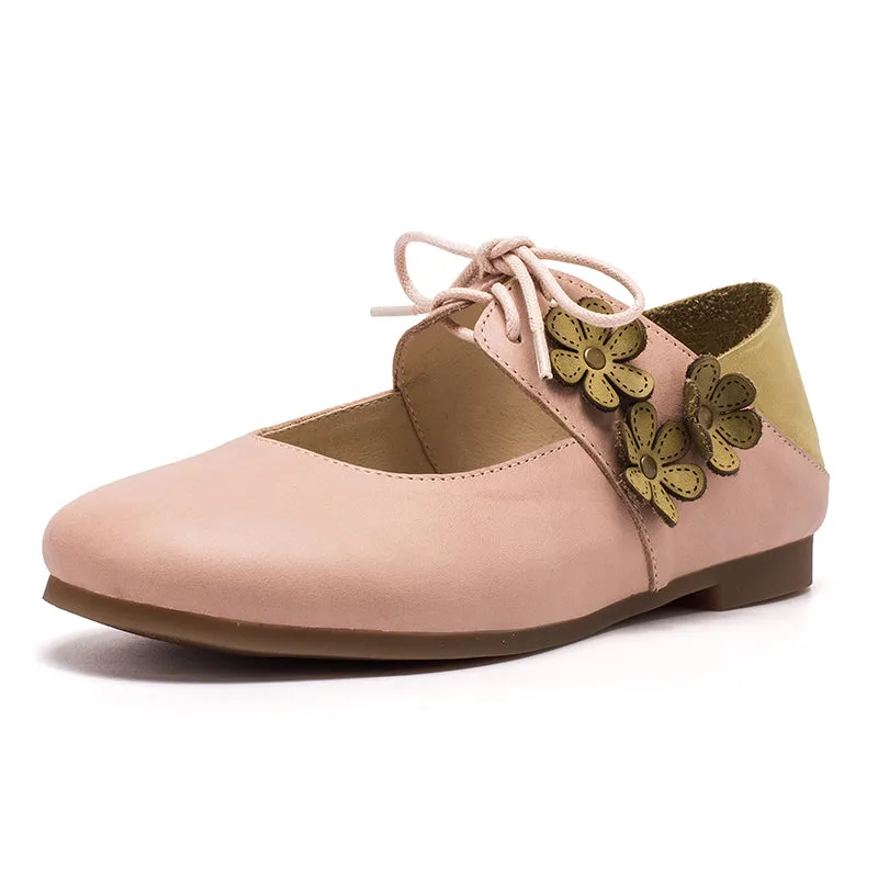 Soft Leather Mary Jane Flats Handmade Flowers Details Pink/Apricot