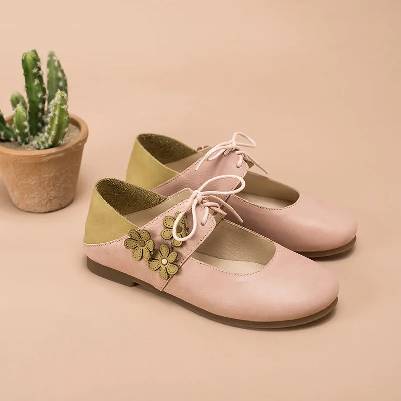 Soft Leather Mary Jane Flats Handmade Flowers Details Pink/Apricot