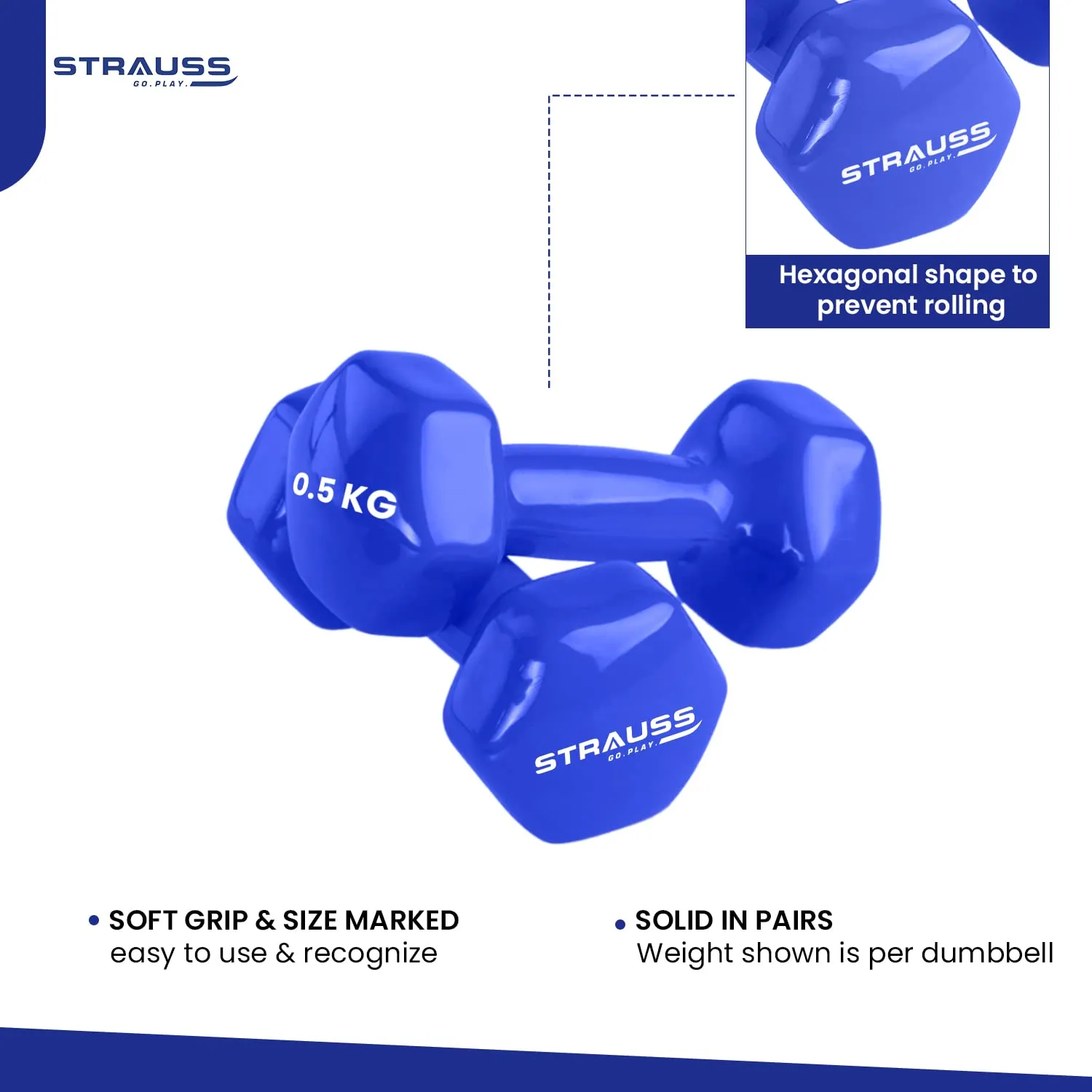 Strauss Premium Vinyl Dumbbells Weight for Men & Women | 4 Kg (Each) | 8 Kg (Pair) | Ideal for Home Workout, Yoga, Pilates, Gym Exercises | Non-Slip, Easy to Hold, Scratch Resistant (Blue)