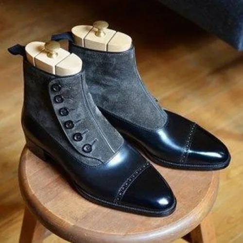 Two Tone Leather Button Ankle Dress Toe Cap Brogue Boot