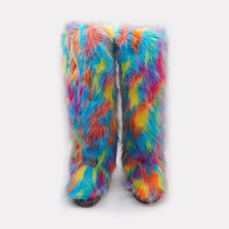 Vibrant Fluffy Snow Boots for Women in Knee High Plush Style