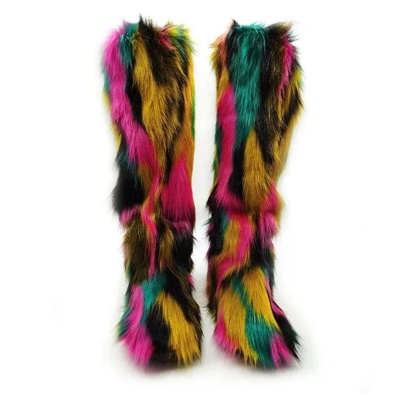 Vibrant Fluffy Snow Boots for Women in Knee High Plush Style