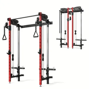 Wall Mounted Folding Squat Rack with Cable Crossover & LAT Pull Down, 5 Adjustable Modes, Space-Saving Home Gym Trainer