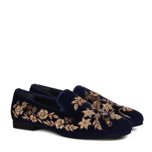 Wedding Oriented Slip-On Shoes in Blue Velvet with Floral Pattern Golden Hand Zardosi By Brune & Bareskin